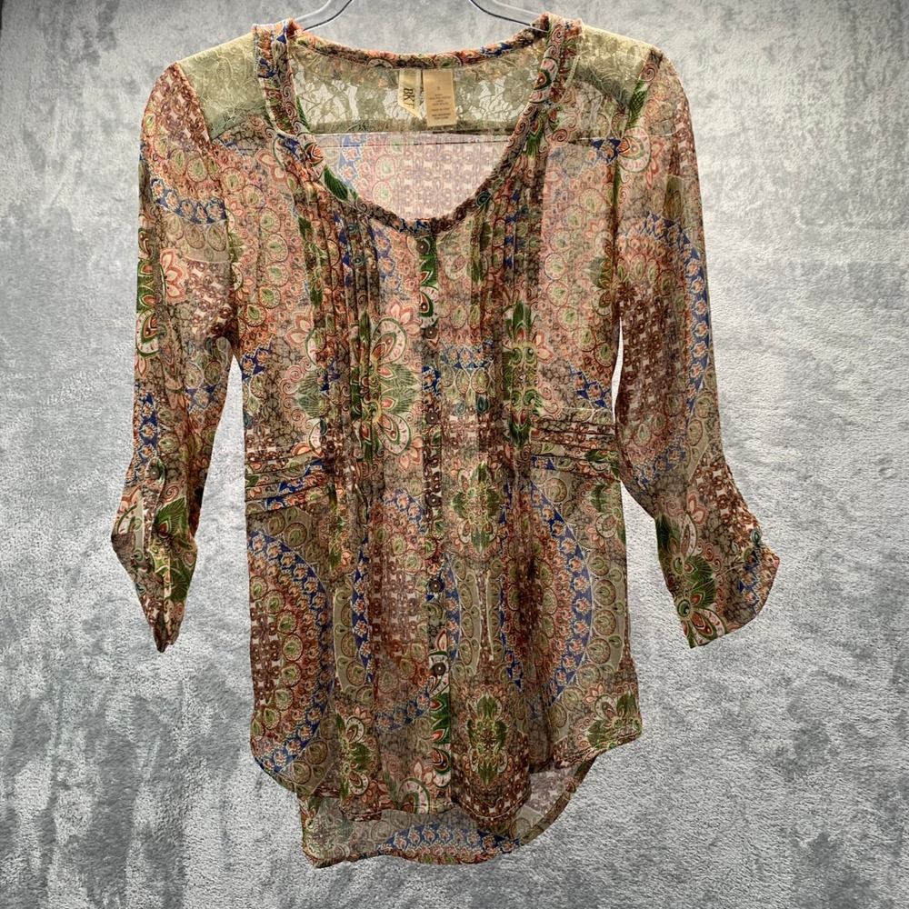 Boho Sheer Lace S Floral Print Blouse 3/4 Sleeve Tie Back Top Fairy Layer Fall